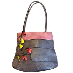 ESPE Vegan Leather Tiered Boho Shoulder Tote Bag Flower Charm Brown/Pink Retro